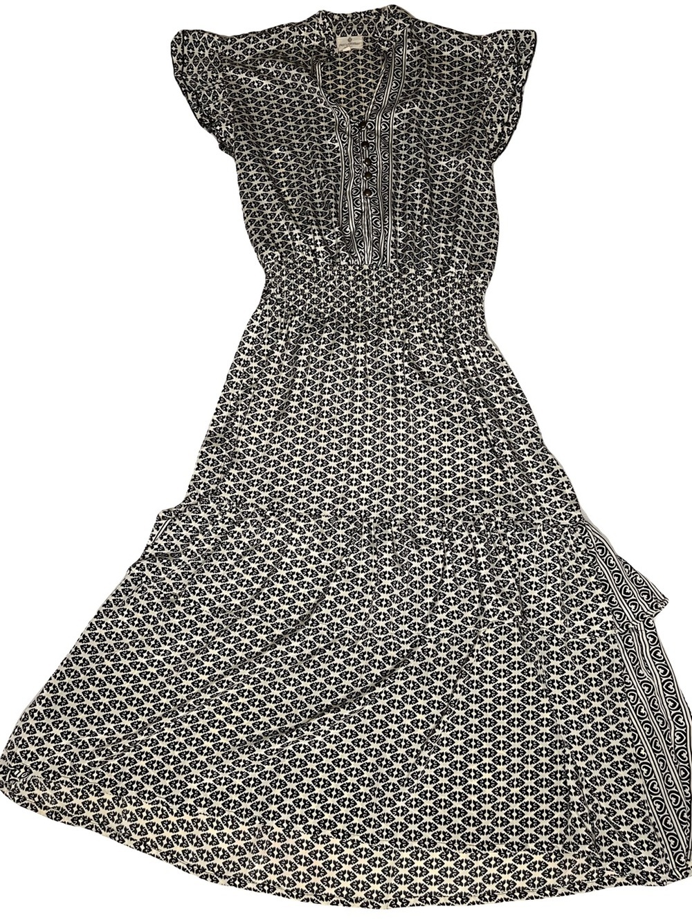 Perry Walker Collective Dress Boho Geometric Smocked Waist Flutter Sleeve Midi